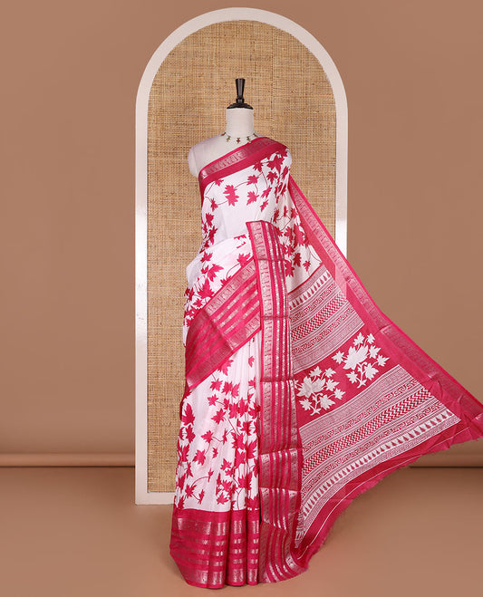 Pink leaf motifs printed dola silk saree, contrast traditional zari border of Rudraksham and peacock motifs, geometric printed pallu and contrast printed blouse