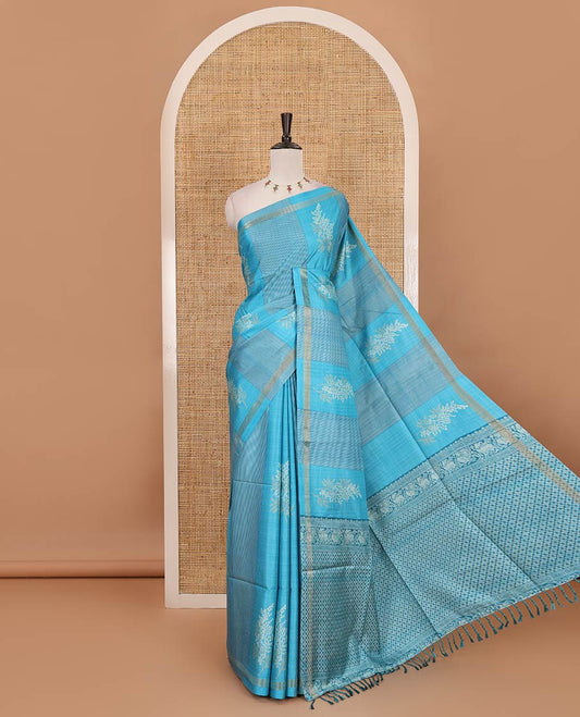 Blue vertical striped & floral motifs Katan silk saree, zari piping border & pallu of yaali & jaal motifs
