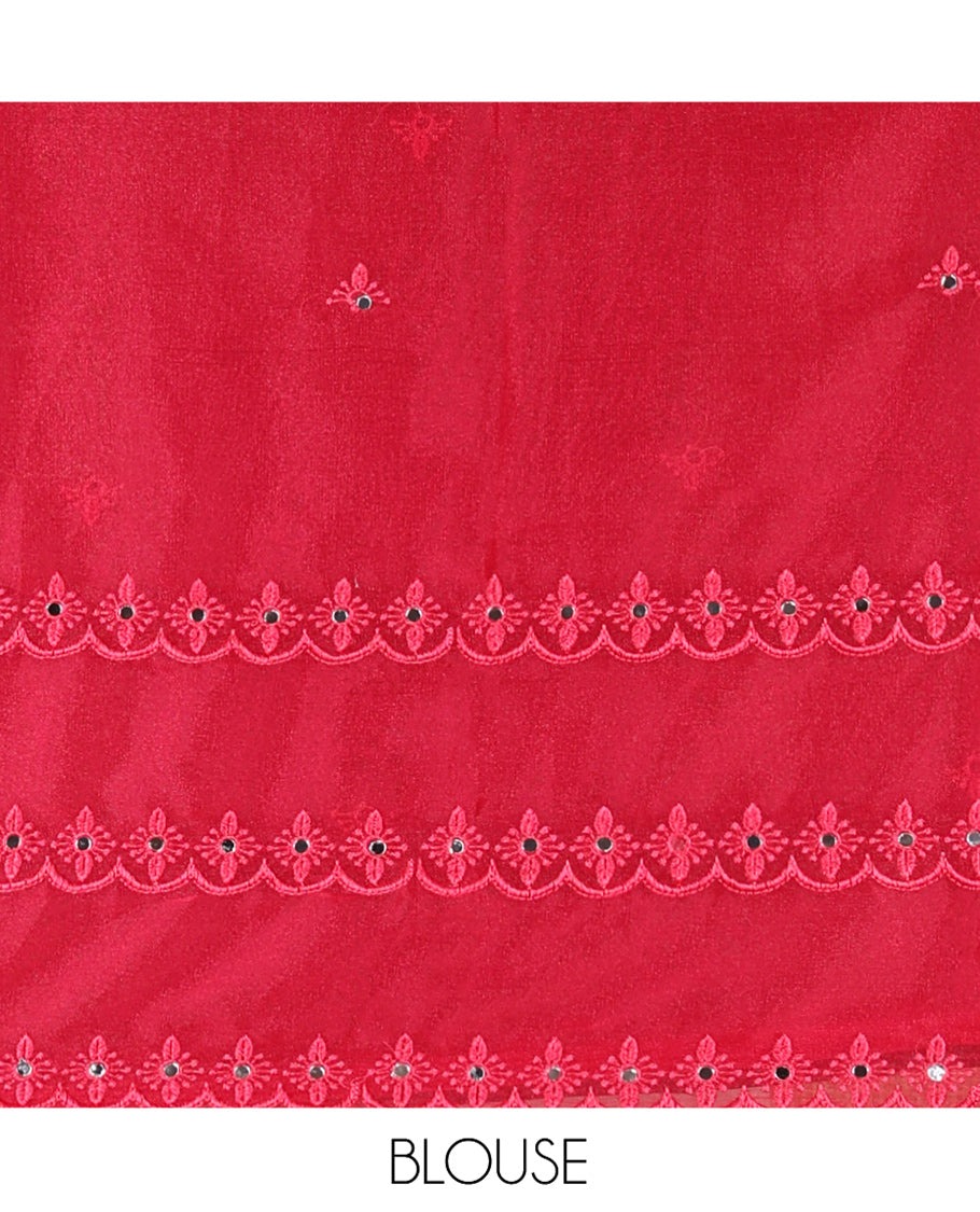 Blue Rangoli Chiffon Saree, Crafted with Thread and Mirror Work Buttas on Its Body, Subtle Scallop Embroidered Border, Embroidered Pallu, and Paired with a Contrast Mirror Work Blouse