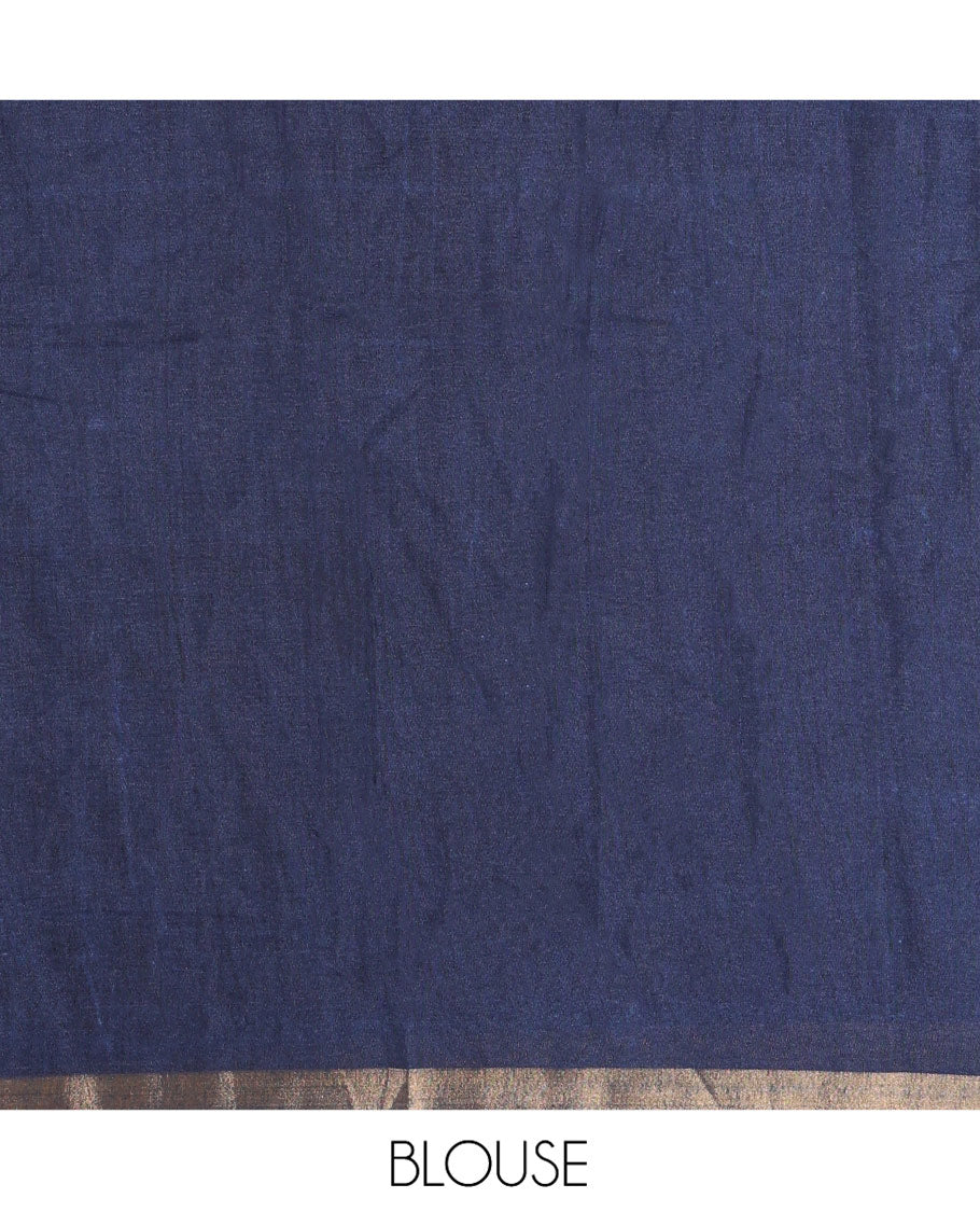 Indigo Blue Muslin Cotton Saree, Beautified with Round Peacock Motifs and Floral Print on Its Body, a Subtle Zari Border, Striped Pallu, and Paired with a Matching Blouse