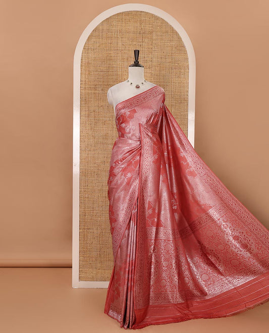 Red lotus zari jacquard softy saree, floral vine zari border, zari woven floral design pallu & matching zari jacquard blouse