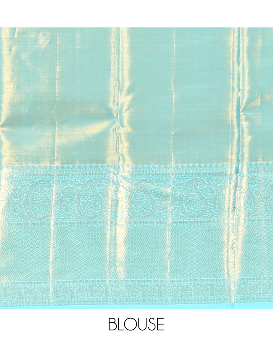 Pink Meenakari Jacquard Kanchipuram Tissue Silk Saree, a Contrast Border of Thilakam, Muthu, Poun, Arumbu Manga, and Jaal Design, Grand Pallu, and a Contrast Blouse