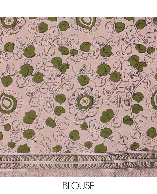 Red floral vine design machine-printed kalamkari cotton saree with contrast floral design border & peacock , floral design pallu