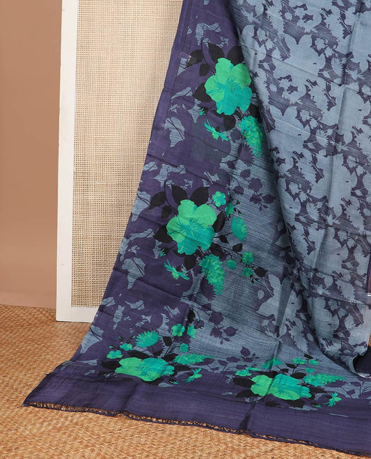Borderless grey floral printed silk saree