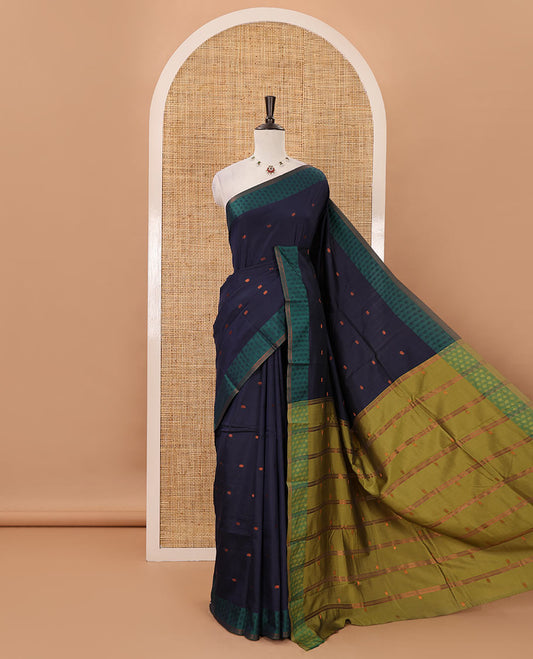 Navy blue  thread buttas semi-soft saree, contrast flower motifs border, contrast striped pallu & contrast buttas blouse