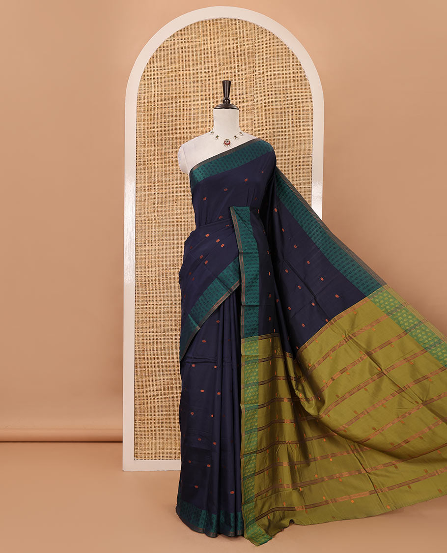 Navy blue  thread buttas semi-soft saree, contrast flower motifs border, contrast striped pallu & contrast buttas blouse