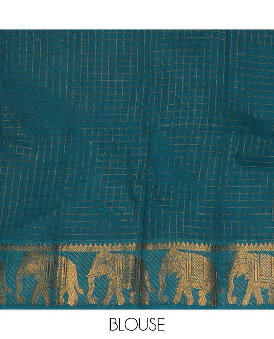 White zari checked sungudi cotton saree, contrast blue temple & elephant motifs dual-border, striped pallu & contrast checked blouse