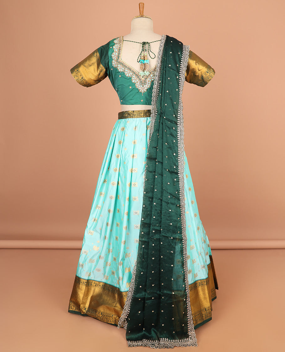 Light blue buttas half saree with contrast embroidery border , floral fembroidery blouse & floral embroidery scallop border dhavani
