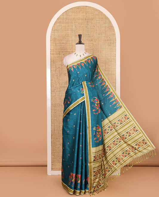 Rama green buttas & kaleidoscope color elephant motifs printed katan silk saree, contrast multi-hue temple motif border, ikkat geometric print pallu & contrast printed blouse