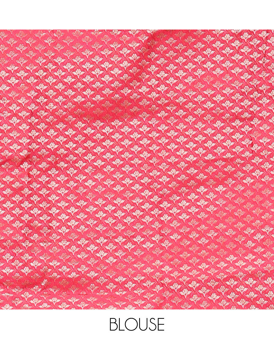 Cream-Pink Art Silk Half Saree, Embellished with Zari Buttas Skirt, Contrast Traditional Border, Jacquard Blouse, and a Contrast Banaras Dhavani