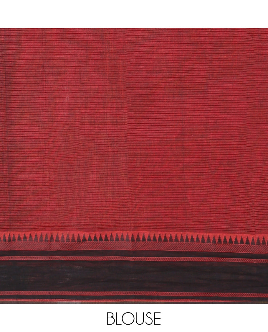 Red Andhra Cotton Saree, Sparsely Woven with Stripes, a Contrast Temple Thread Border, Striped Pallu, and a Contrast Blouse