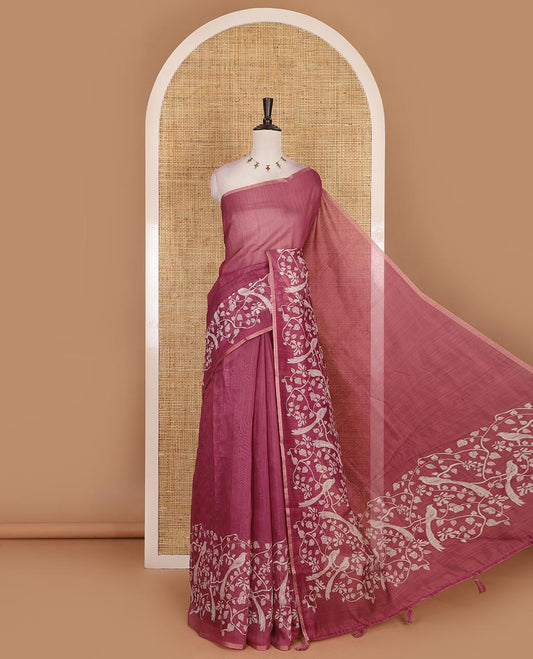 Onion pink plain Chanderi silk saree, floral vine, and bird motifs printed skirt border, and pallu, unique motifs printed blouse
