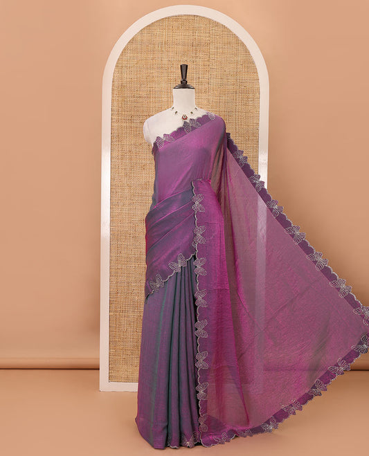 Violet full-plain Fendi chiffon saree, scallop butterfly-style Swarovski stone work border & stone work matching blouse