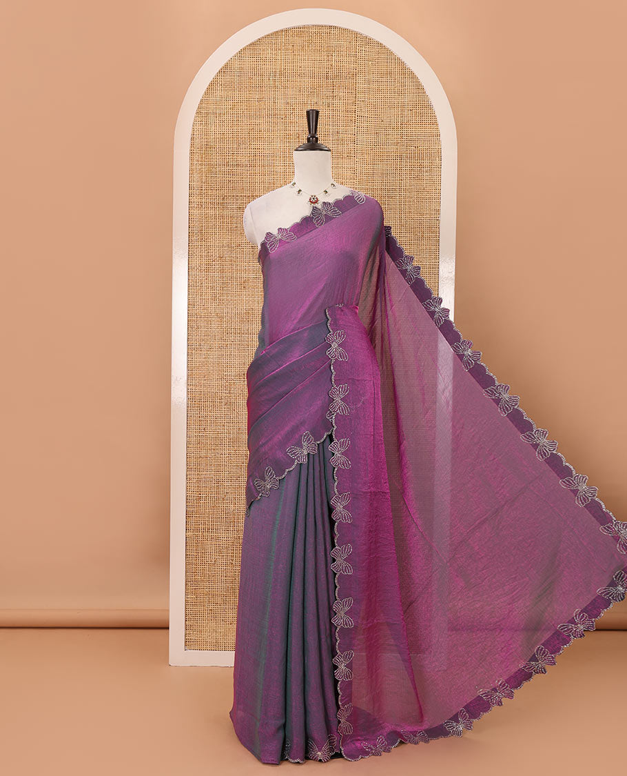 Violet full-plain Fendi chiffon saree, scallop butterfly-style Swarovski stone work border & stone work matching blouse