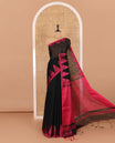 Black and pink plain khadi mul cotton saree, contrast thread temple border, plain pallu, and a contrast plain blouse
