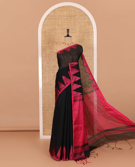 Black and pink plain khadi mul cotton saree, contrast thread temple border, plain pallu, and a contrast plain blouse