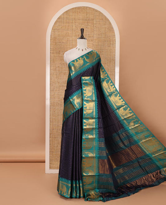 Navy blue checked semi-tafeta saree, contrast temple zari elephant motifs border, striped pallu & matching checked zari border blouse