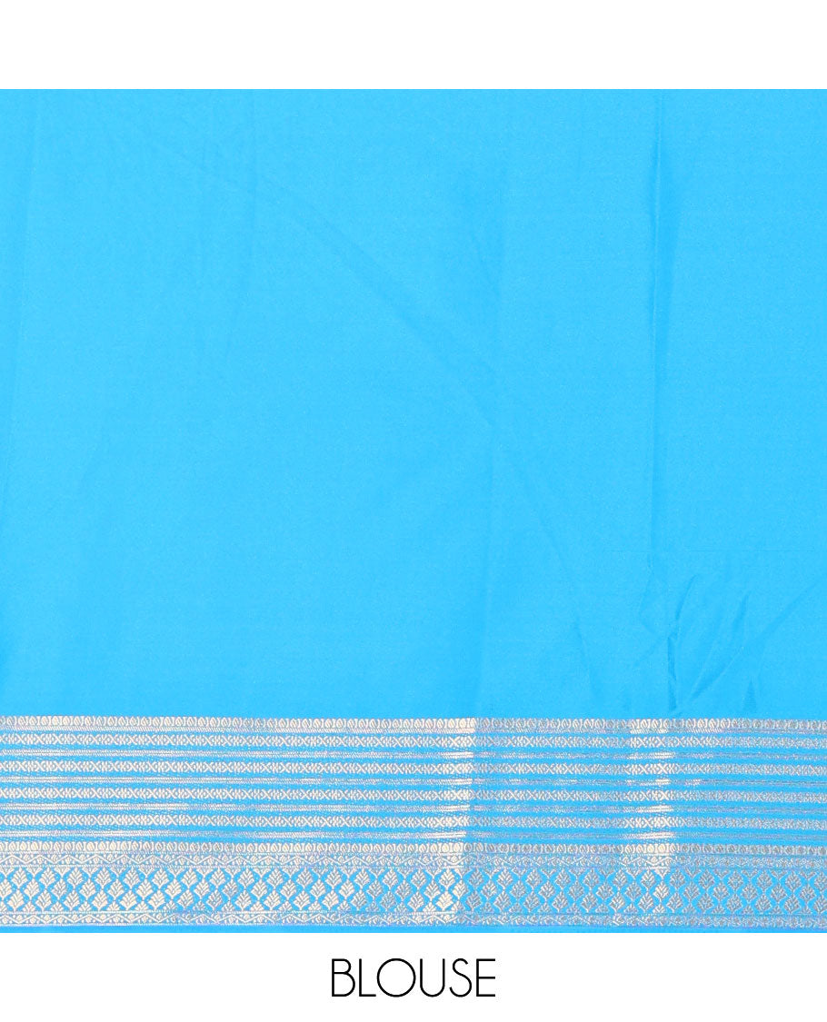 Blue checked art mysore silk saree with contrast traditional zari border & striped zari pallu