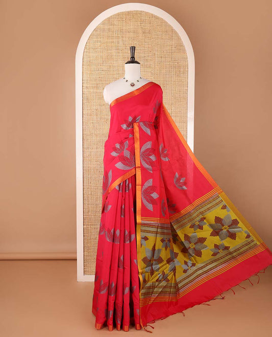 Pink leaf motifs printed micro-silk saree, zari border, contrast eight-petal-like leaf printed pallu & plain green blouse