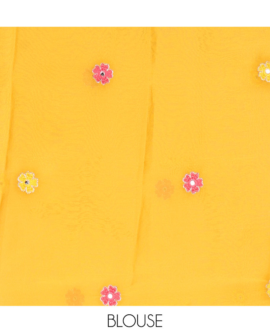 Light Grey Rangoli Chiffon Saree, Artfully Embroidered with Floral Motifs in Thread and Stone Work On Its Body, Subtly Sparkled with Lace Border, a Self-Pallu, and Paired with a Contrast Floral Embroidered Blouse