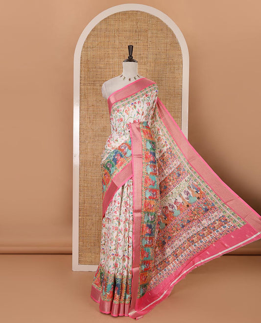 Half-white floral printed spun cotton saree, contrast bavanji border of Radha motifs print, position printed pallu & contrast zari buttas blouse