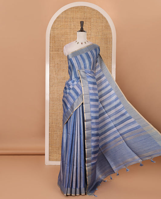 Indigo blue hand brushing-style vertical stripes printed fancy tussar silk saree, zig zag-style zari woven border, zari pallu & striped blouse