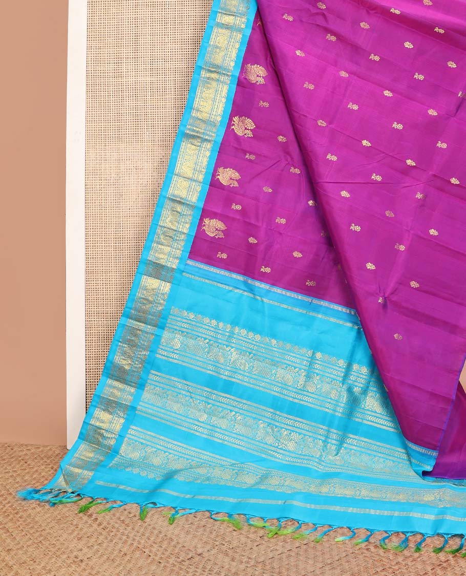 Purple buttas kancheepuram silk saree with contrast korvai border of manga, banaras design & intricate zari design pallu