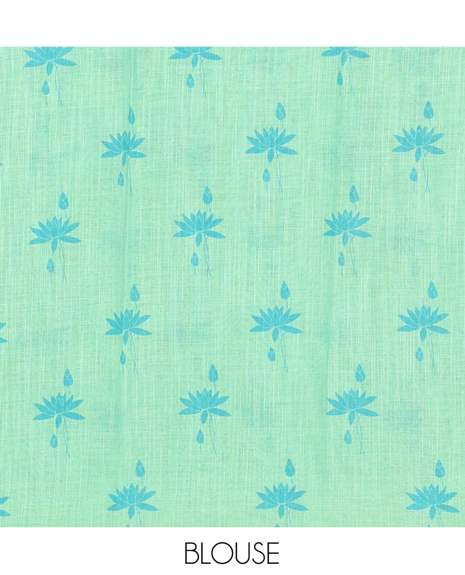 Borderless Green Linen Cotton Saree Features Lotus Print, a Self-Pallu, and a Matching Blouse