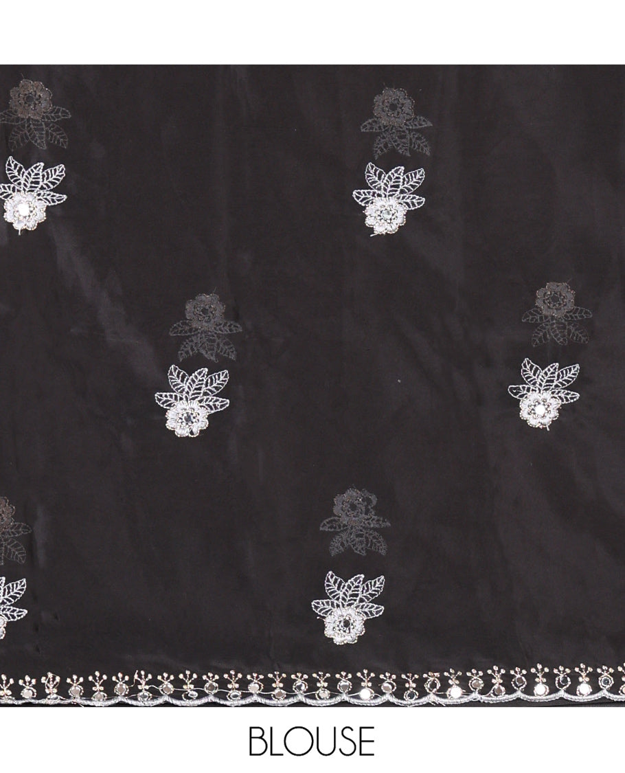 Grey Rangoli Chiffon Saree, Ornamented with Flower-Style Motifs Embroidered on Its Body, a Subtle Scallop Embroidered Border, a Self-Pallu, and Paired with a Contrast Embroidered Blouse