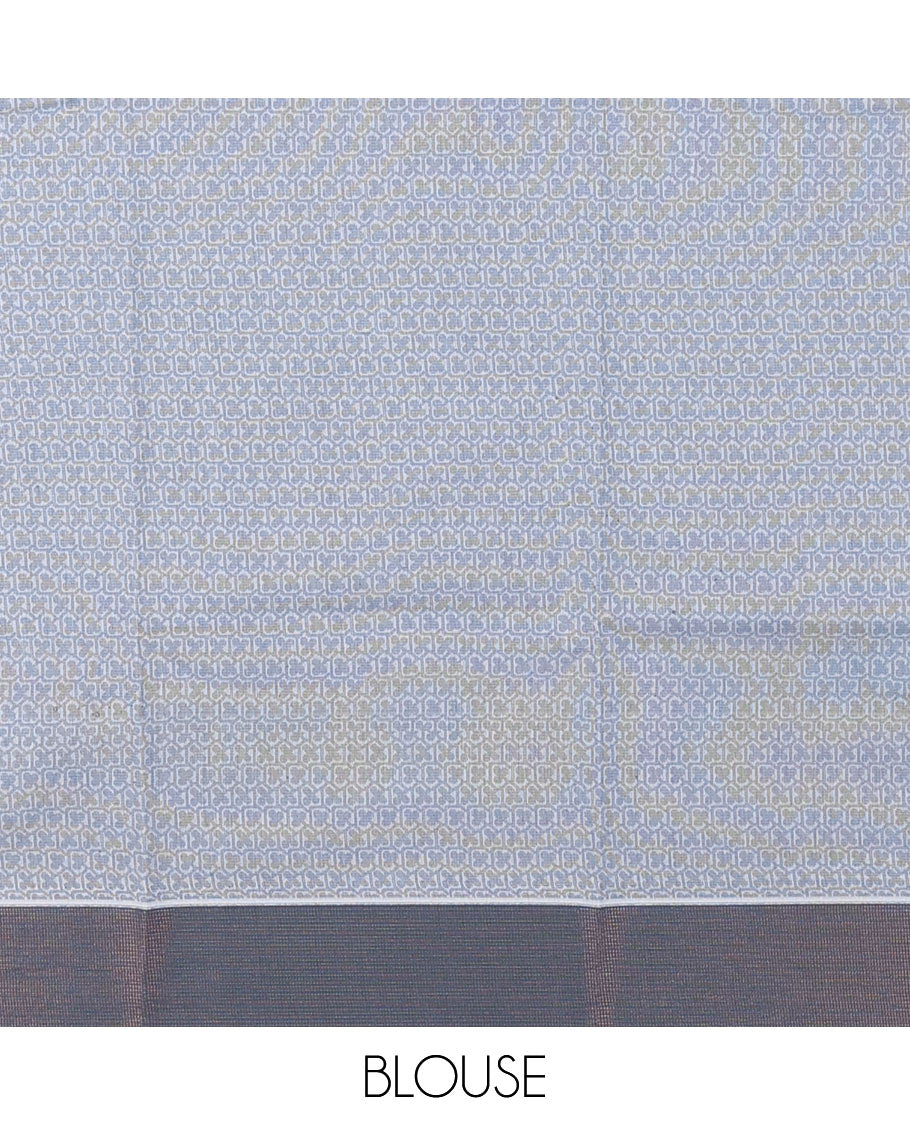 Grey Semi-Silk Cotton Saree, Detailed with Buttas All Over Its Body, Complemented by a Contrast Border, Pallu Steeped with Floral Designs, and Paired with a Matching Blouse