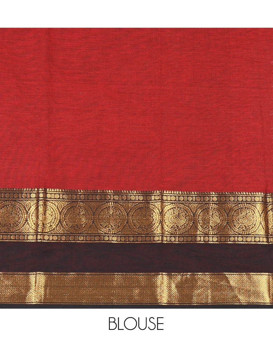 Maroon Plain Chettinad Cotton Saree, Complemented by Contrast Traditional Zari Border of Round Peacock Designs, Subtly Striped Pallu, and Paired with a Matching Blouse