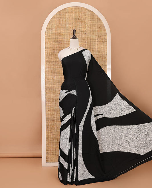 Borderless black abstract-style & leopard-skin-style printed satin crepe saree, plain black blouse