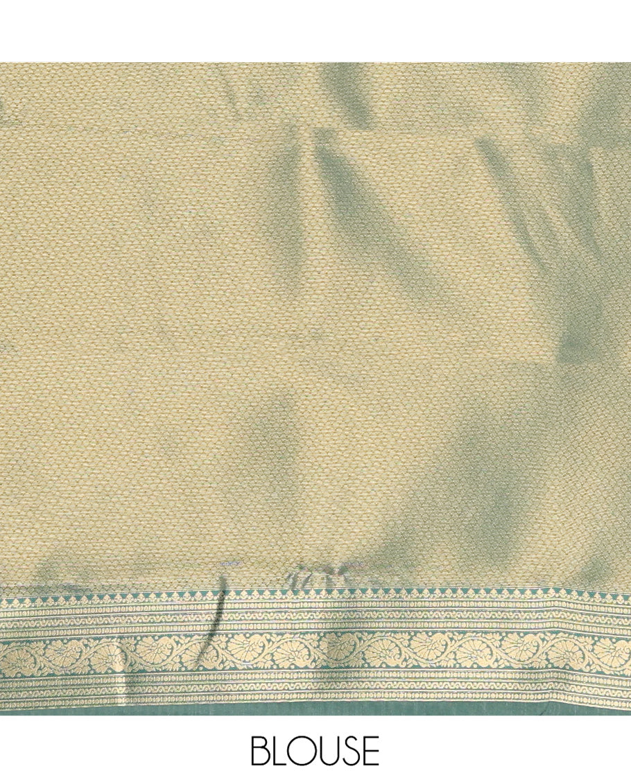 Cream-Green Embossed Art Kanchi Silk Saree, a Contrast Traditional Zari Border, Grand Jaal Pallu, and a Contrast Blouse