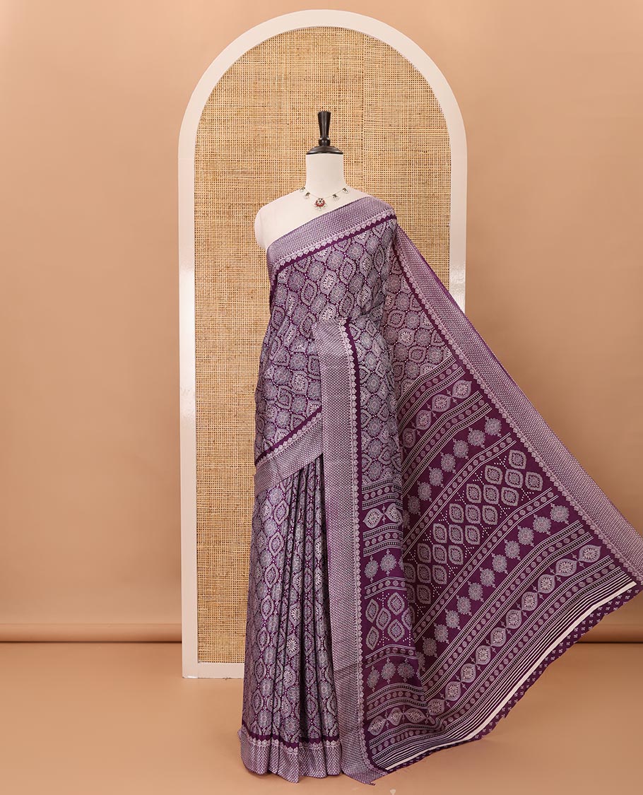 Violet Ajrakh-printed turkey crepe saree, printed border, Ajrakh-printed pallu & small buttas printed blouse