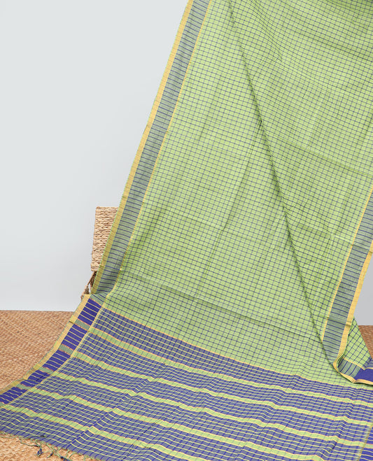 Green checked mangalagiri cotton saree with contrast striped border & checked pallu