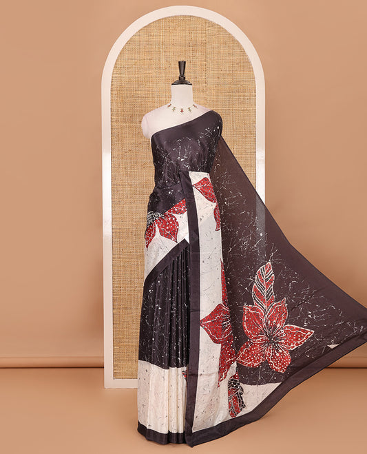 Brown batik-style floral printed & mirror embroidered masakali saree, printed border & pallu of mirror embroidery work