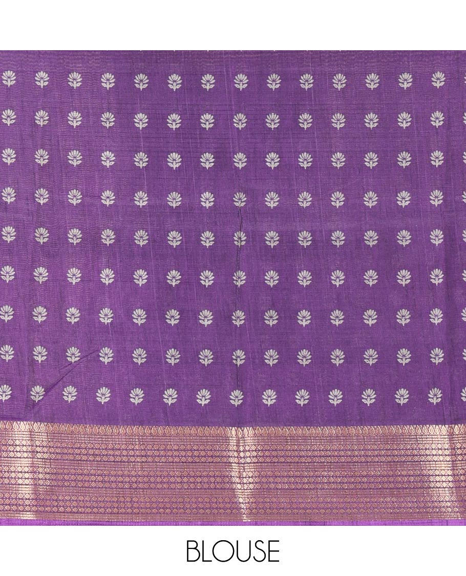 Violet Dola Silk Saree Bedecked with Flora-Fauna Motifs Printed  All Over Its Body, Highlighted by Traditional Zari Design Border, Pallu of Paisley Motifs, and Paired with a Matching Blouse