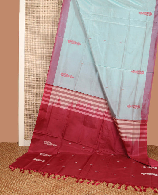 Blue Banana Pith Saree, Beautifully Bedecked with Unique Buttas All Over Its Body, Complemented by a Contrast Border, Vibrant Pallu Depicting Buttas, and Paired with a Contrast Blouse