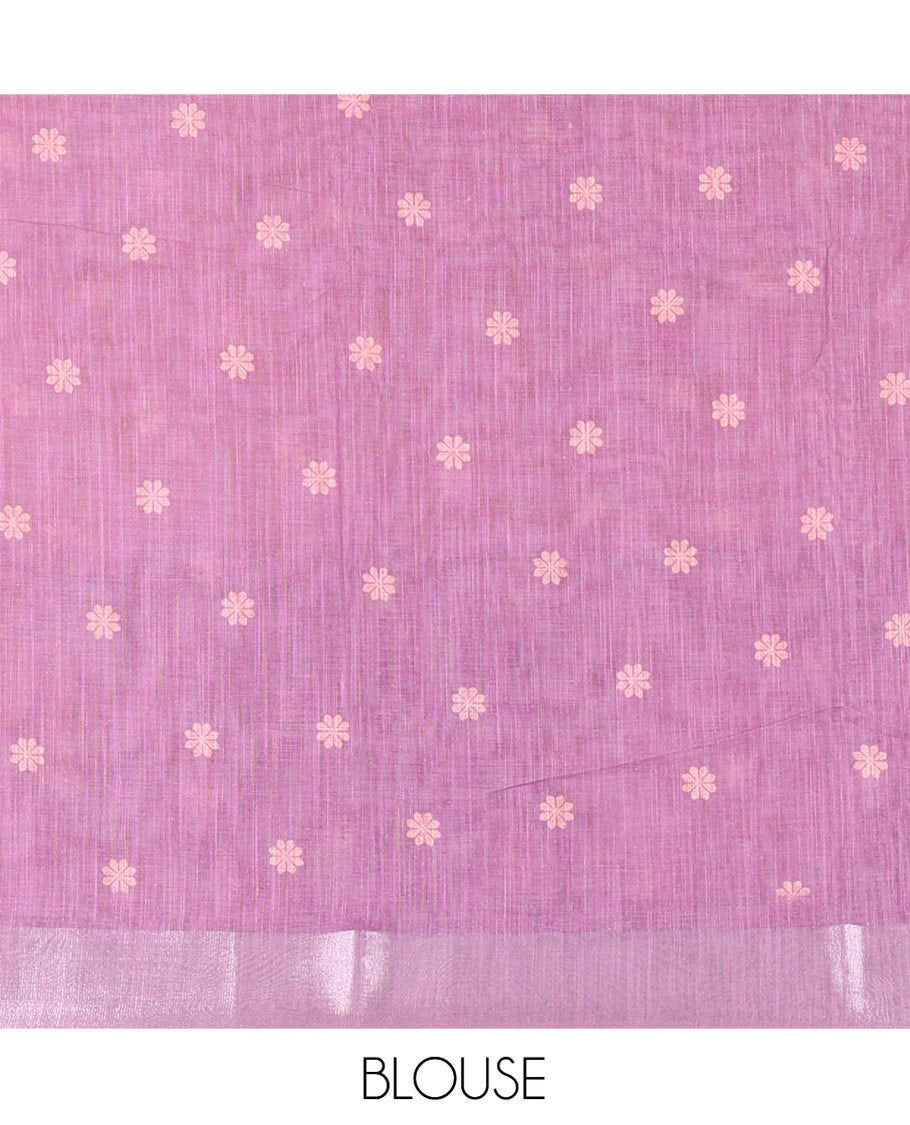 Pale Pink Linen Cotton Saree, Beautified with Silhouette-Style Floral Vine Printed on Its Body, Subtly Zari Bavanji Border, Pallu of Same Floral Print, and Paired with a Matching Blouse