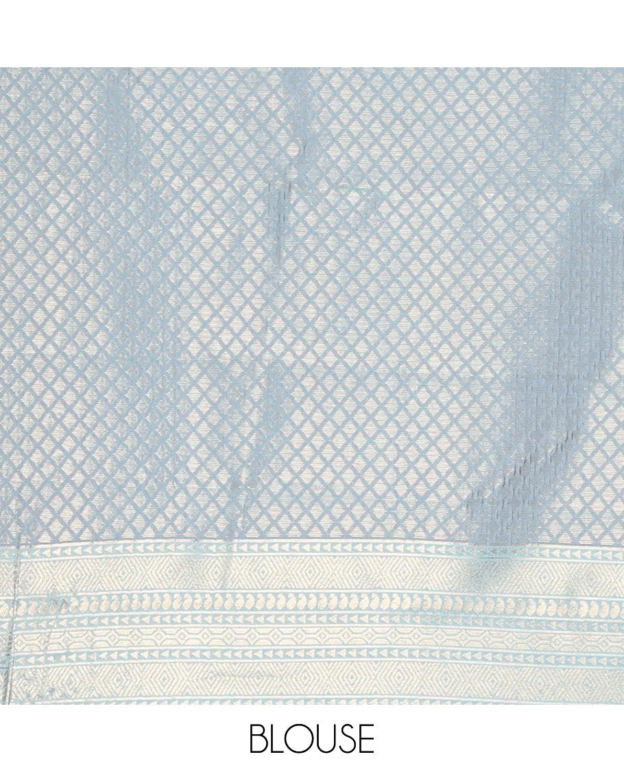 Royal Blue Litchi Saree, Detailed with Vaira Oosi Stripes and Zari Buttas on Its Body, Complemented by a Contrast Rettai Pettu Traditional Zari Design Border, an Intricately Designed Pallu, and Paired with a Contrast Blouse