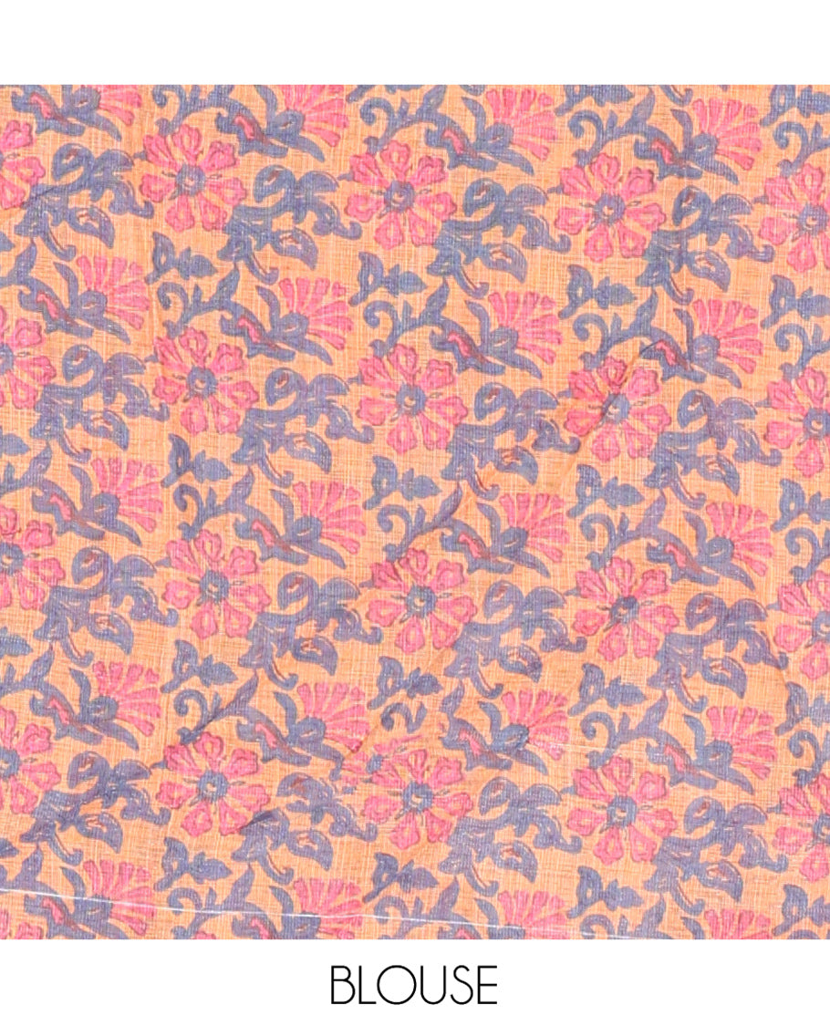 Pink Linen Cotton Saree, Ornamented with Shibori Printed on Its Body, Subtle Piping Border, Pallu Features Floral Print, and Paired with a Contrast Floral Printed Blouse