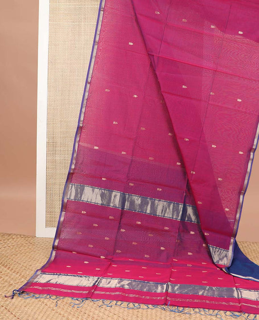 Pink motifs maheshwari cotton saree with contrast zari border & striped, floral design pallu