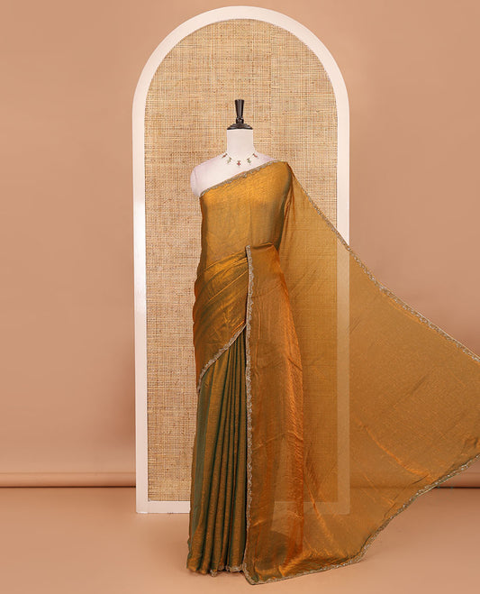 Mehendi green full-plain fendy chiffon saree, hand kardana embroidered border & contrast violet plain blouse with kardana embroidered border