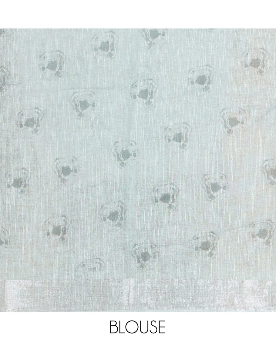 Chikku-Green Linen Cotton Saree, Adorned with Ombre-Style Dye Print, a Subtle Zari Border, Bold Shibori-Printed Pallu, and a Printed Blouse