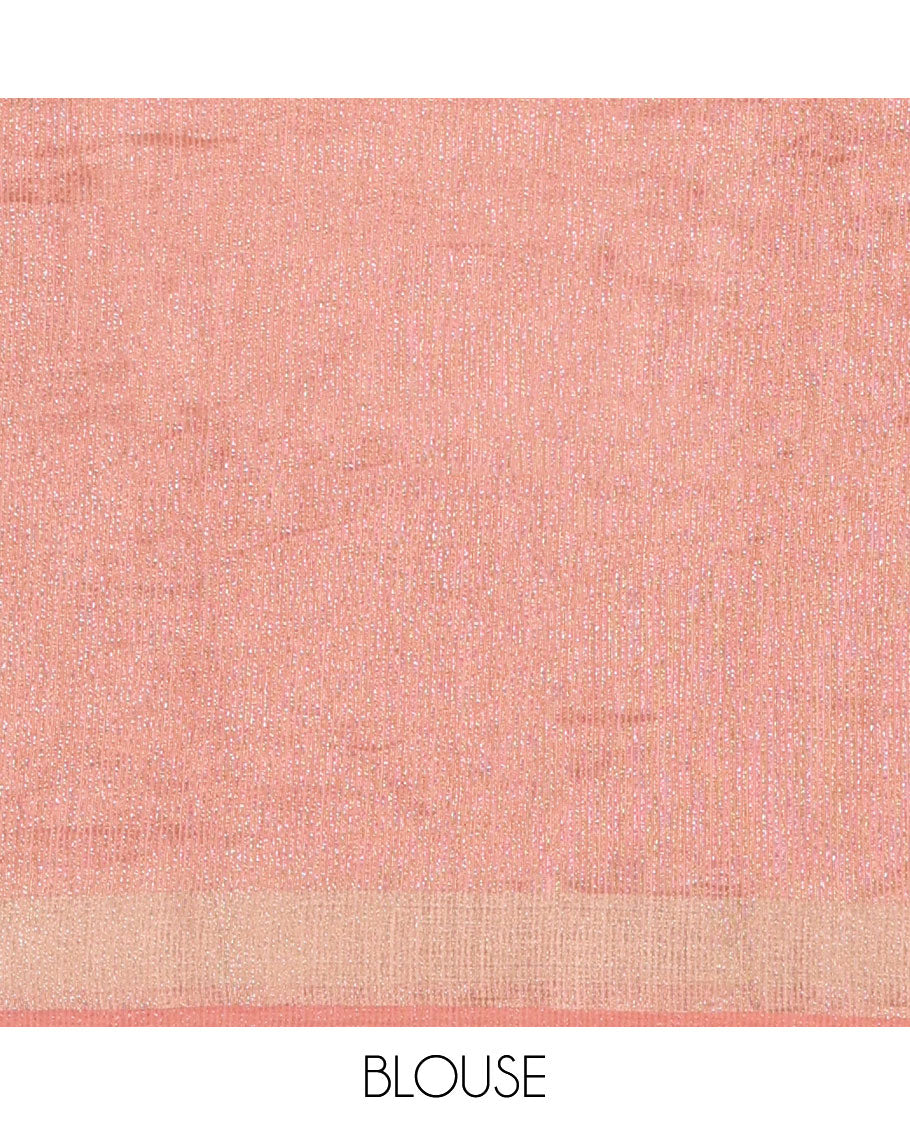 Peach Tissue Saree, Gleamed Up with Zari Striped on Its Body, Highlighted by a Zari Border, Pallu Steeped with Zari Stripes, and Paired with a Matching Blouse