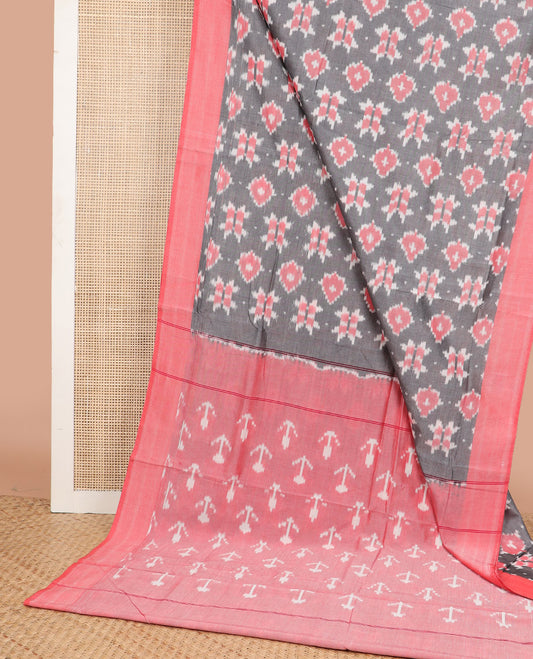 Grey floral design ikkat cotton saree with contrast border & arrow design pallu