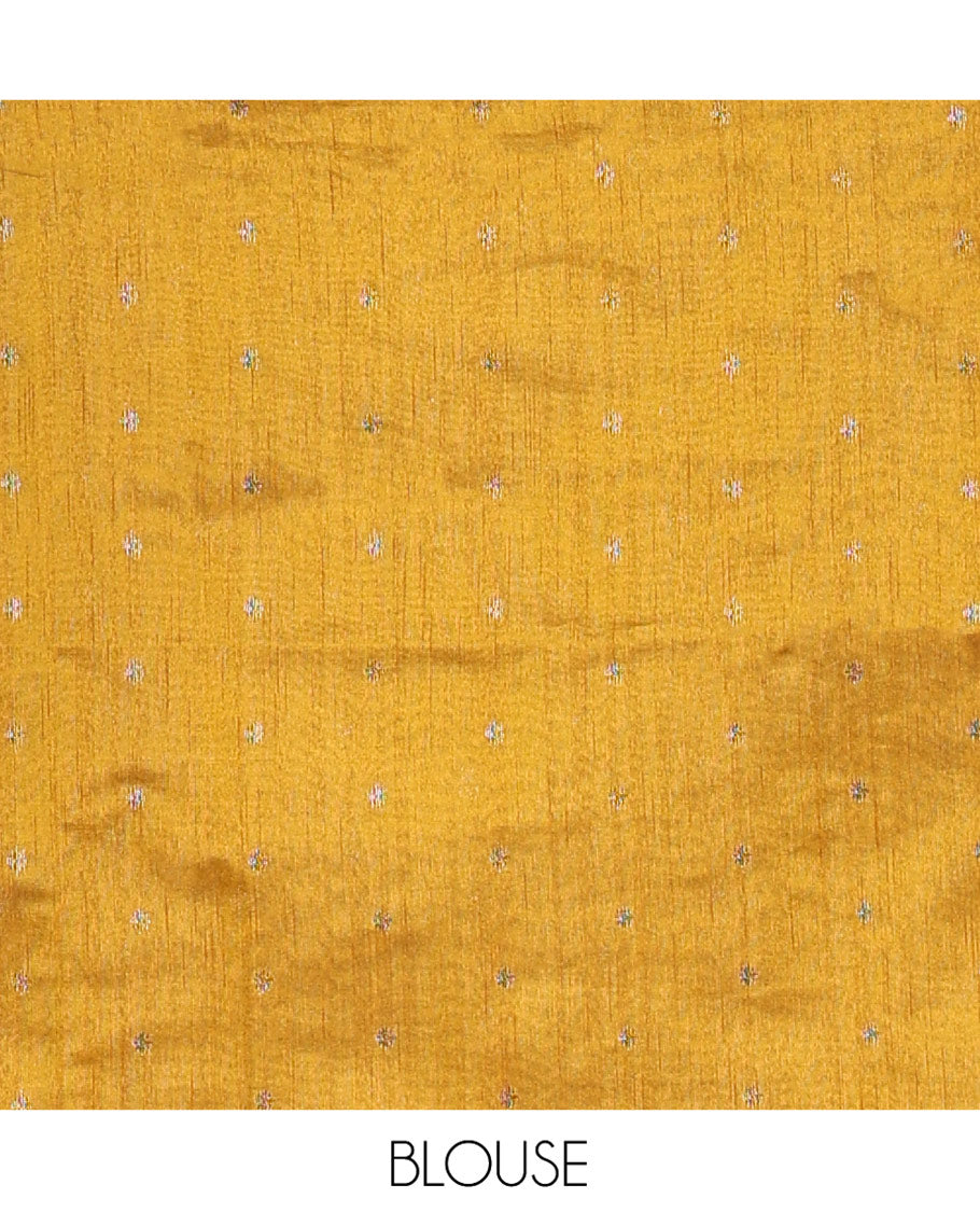 Borderless Green Vichitra Silk Saree, Elevated  with Square Buttas All Over Its Body, Captivating Contrast Pallu of Traditional Designs, and Paired with a Contrast Blouse