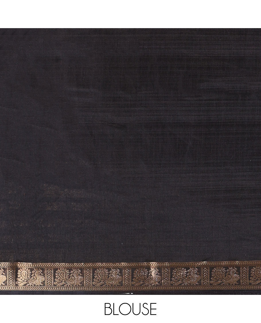 White with black leaf printed dola silk saree with annam, rudraksh design border & plain blouse