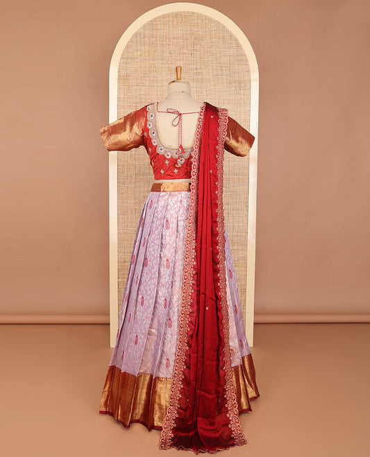 Lavender floral art silk half saree with contrast zari design border, embroidered blouse & floral embroidery dhavani