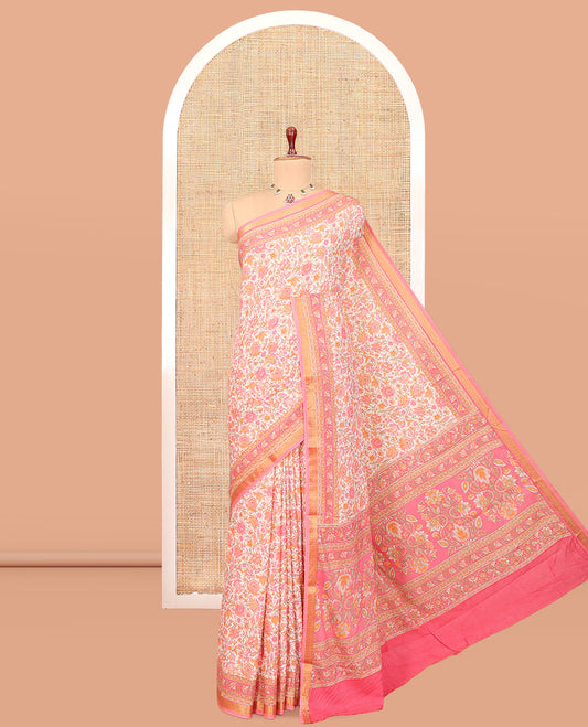 Pink Floral-Vine Printed Silk Saree, a Traditional Zari Border, Floral Pallu, a Matching Blouse